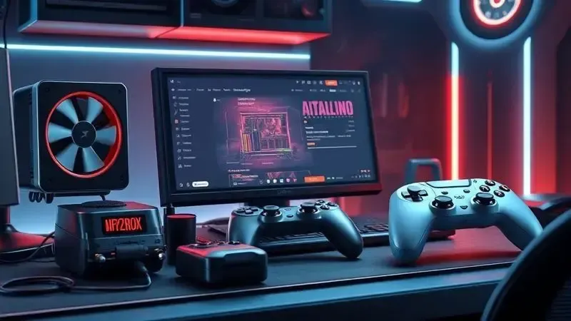 Ilustração digital de acessórios genéricos de alta tecnologia para jogos móveis, como gatilhos e controles, dispostos em uma mesa de gamer.