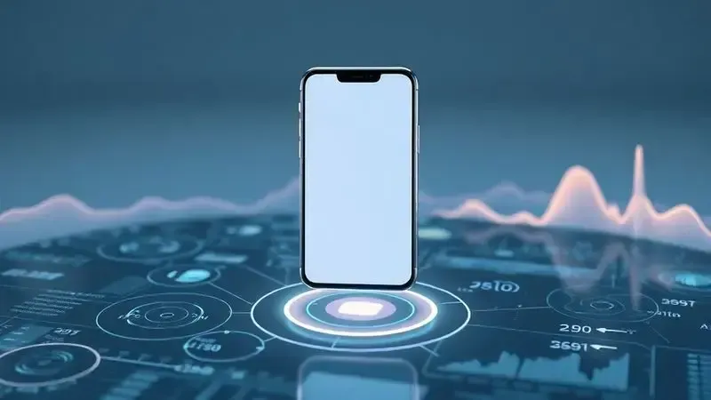 Ilustração 3D conceitual de smartphone sem marca com gráficos de desempenho, lentes e bateria