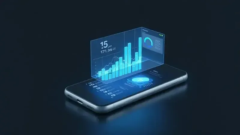 Ilustração conceitual de um smartphone genérico sendo analisado por uma interface holográfica com gráficos de desempenho.