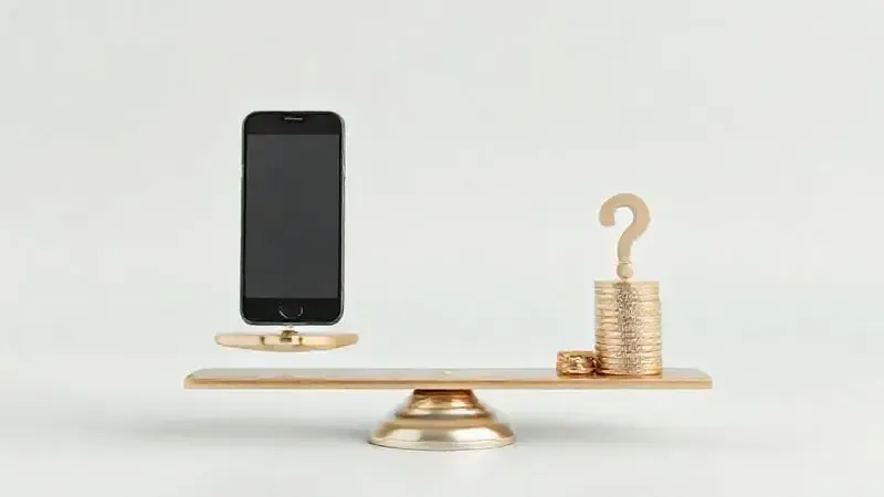 Ilustração de um smartphone em uma balança, ponderando se o iPhone X ainda é uma boa opção de compra em termos de custo-benefício.