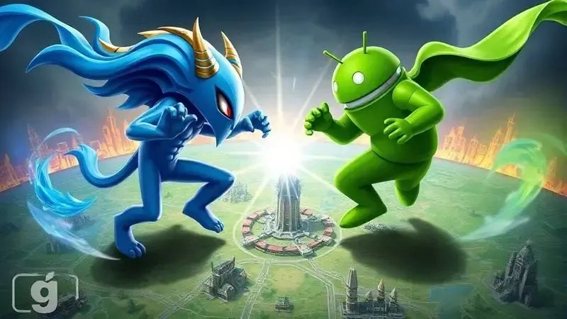 Render artístico de duas forças elementais em conflito sobre um mapa digital, simbolizando a rivalidade entre Android e iOS para jogos móveis como Free Fire.