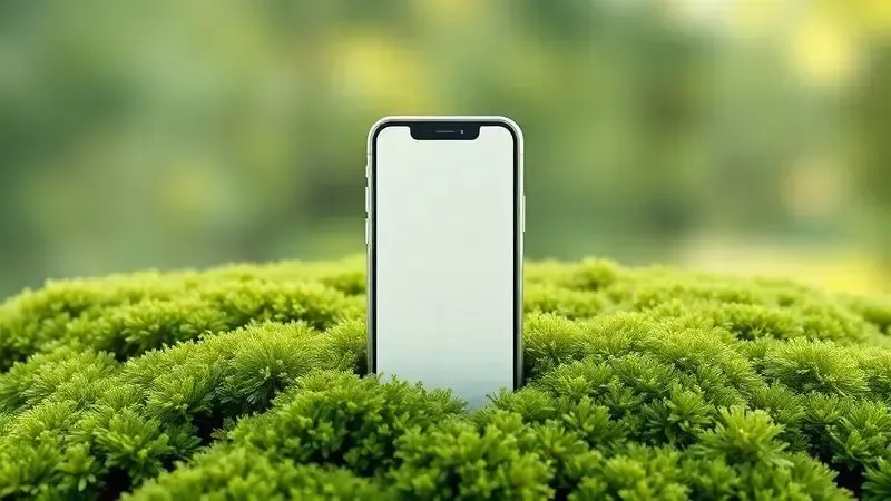 Arte conceitual 3D sobre sustentabilidade e design ecologicamente correto na fabricação de smartphones.