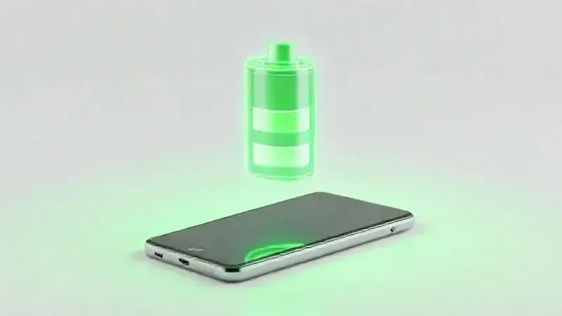 Render 3D de um ícone de bateria verde brilhante sobre um smartphone, simbolizando a longa autonomia e durabilidade da bateria do iPhone 14.