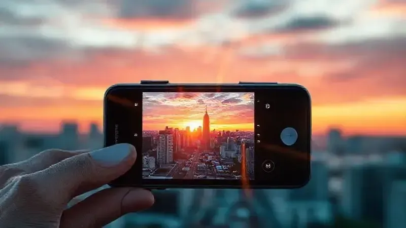 Ilustração 3D da tela de uma câmera de smartphone antigo tentando fotografar um cenário moderno, destacando a qualidade da câmera do iPhone 6.