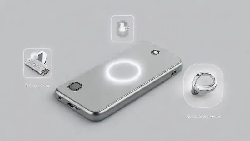 Ilustração de uma capa de iPhone conceitual com recursos extras como porta-cartão, suporte e anel magnético para carregamento.