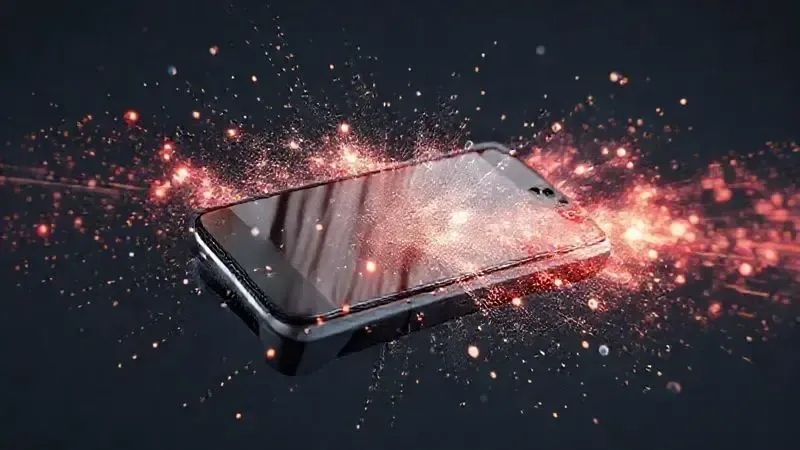 Render 3D de uma capa de celular resistente protegendo um smartphone de um impacto, ilustrando a durabilidade de materiais duros.