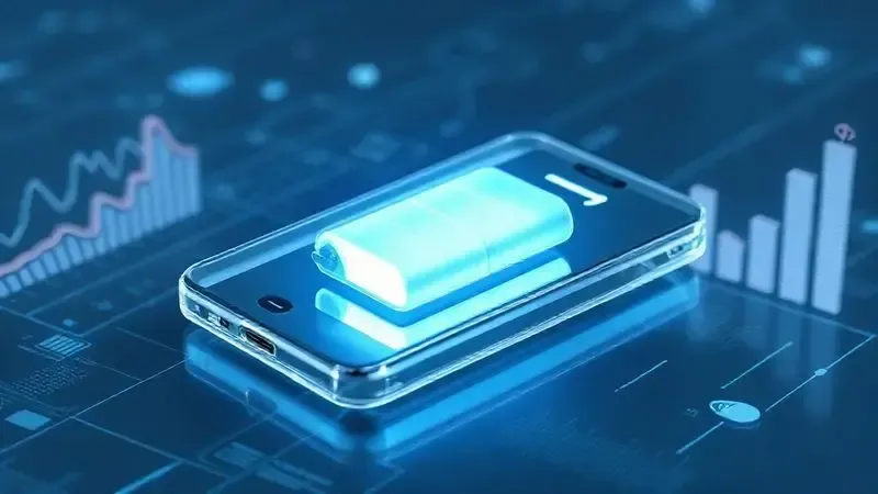 Ilustração 3D mostrando a capacidade interna da bateria de um smartphone, com gráficos de energia, representando a capacidade das baterias do iPhone.