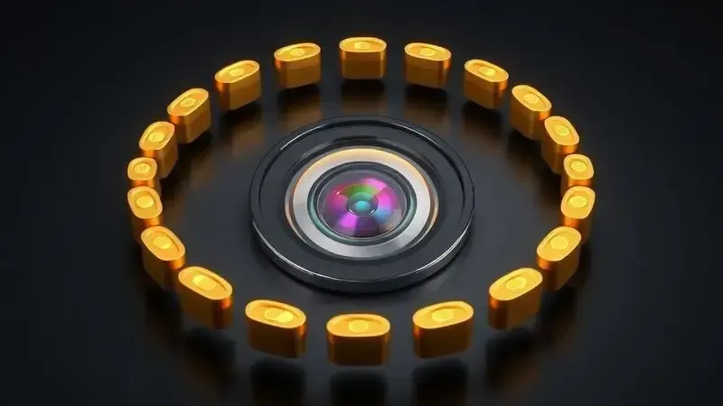 Ilustração conceitual de uma lente de câmera de smartphone rodeada por pontos de luz, simbolizando o valor e o custo-benefício do investimento.