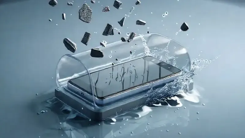 Ilustração conceitual de um celular protegido por uma barreira invisível contra água e impacto, representando a segurança da capa.