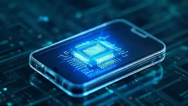 Renderização conceitual de um chip de 3 nanômetros superpotente, com luzes azuis e verdes, simbolizando a tecnologia de processamento.