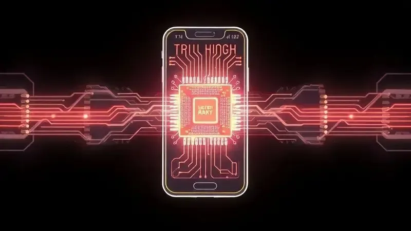 Ilustração do chip de alto desempenho com traços de energia que simbolizam velocidade e autonomia