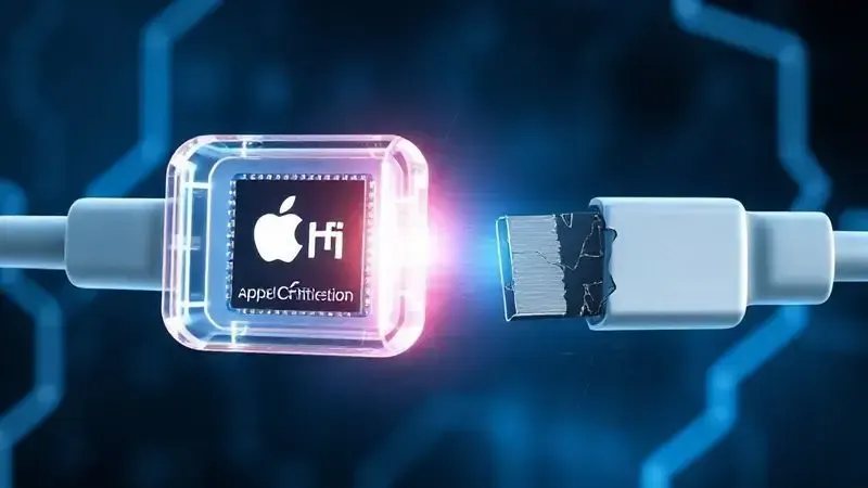 Ilustração 3D conceitual de um chip MFi, destacando a segurança e qualidade dos cabos certificados pela Apple.