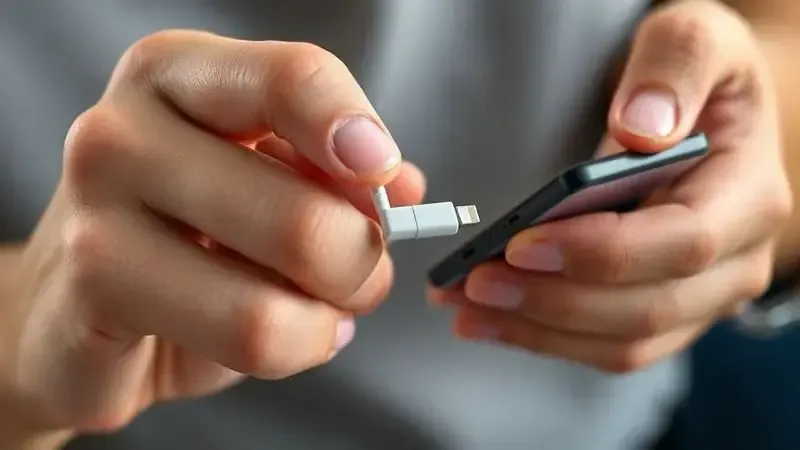 Pessoa mostrando a forma correta de desconectar o cabo Lightning, segurando o conector para prolongar a vida útil.