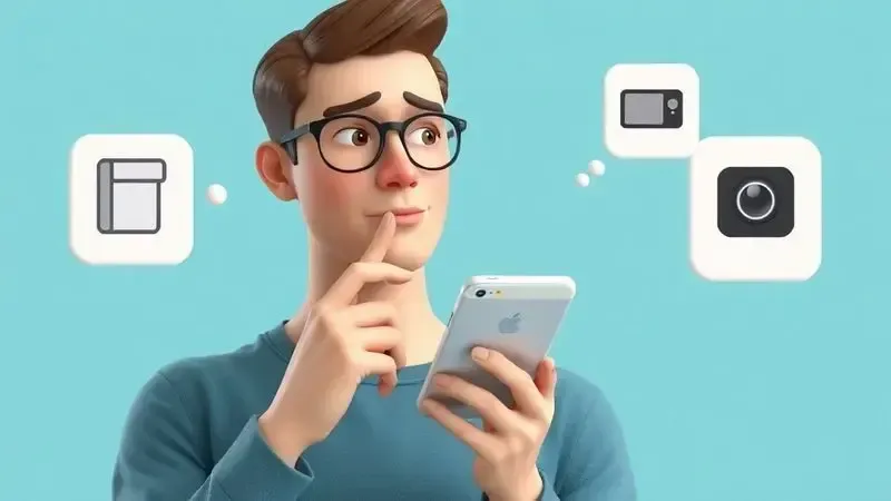 Ilustração de uma pessoa escolhendo o melhor iPhone custo-benefício, com ícones de preço, câmera e desempenho.