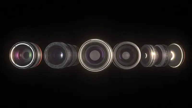 Ilustração conceitual de diferentes lentes de câmera de smartphone para ajudar a escolher o iPhone com a melhor câmera para fotografia.