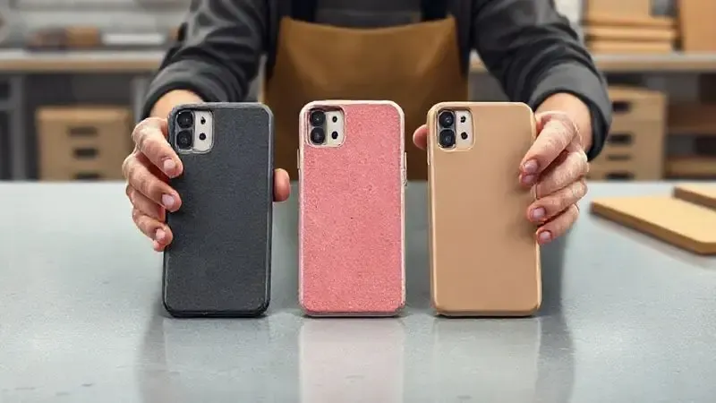 Ilustração de uma pessoa escolhendo entre diferentes tipos de capas de celular, analisando material, cor e textura para encontrar a melhor opção.