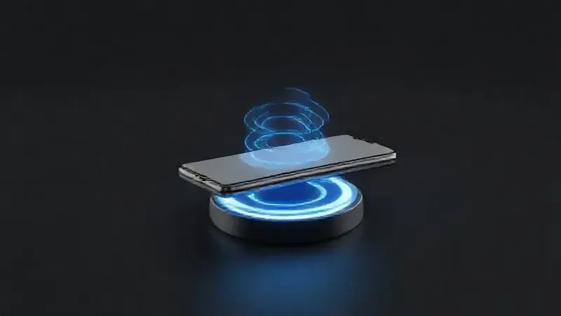 Ilustração mostrando o funcionamento de um carregador por indução, com ondas de energia transferidas para um celular.