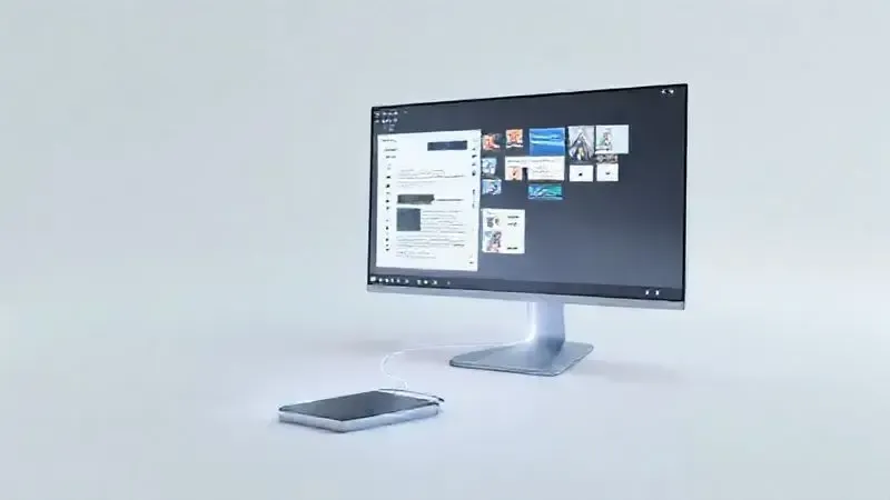 Render 3D de um smartphone conectado a uma interface de desktop, ilustrando o conceito do Samsung DeX de transformar o celular em um computador.