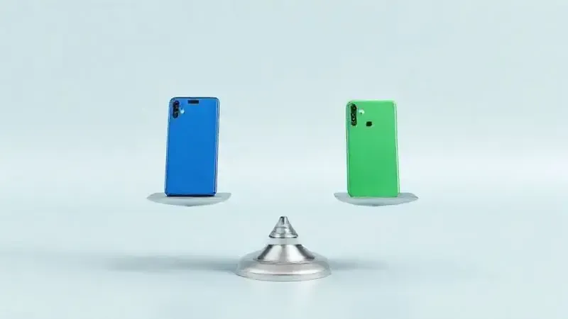 Balança equilibrando dois modelos de smartphones genéricos, ilustrando a comparação de custo-benefício entre diferentes iPhones.