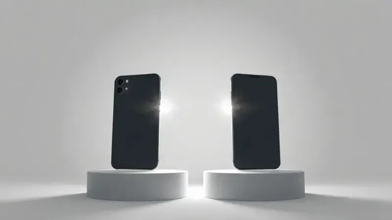 Renderização 3D de dois smartphones minimalistas lado a lado, representando a comparação e escolha do melhor modelo para fotografia.