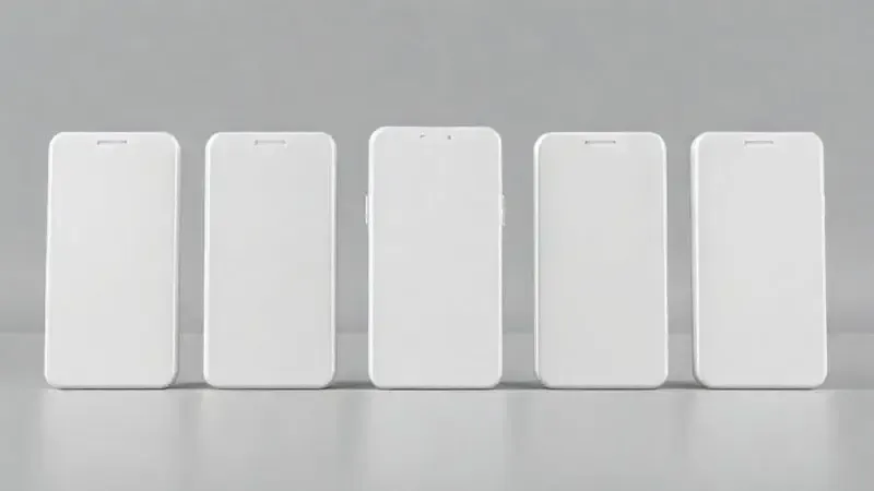 Render 3D conceitual comparando diferentes modelos e tamanhos de smartphones lado a lado para ajudar na escolha.