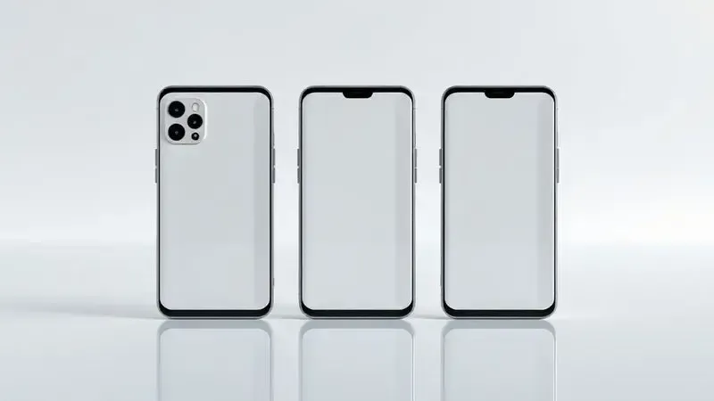 Render 3D comparando três gerações de smartphones para ilustrar as diferenças de design e câmera entre os modelos de iPhone 13, 14 e 15.