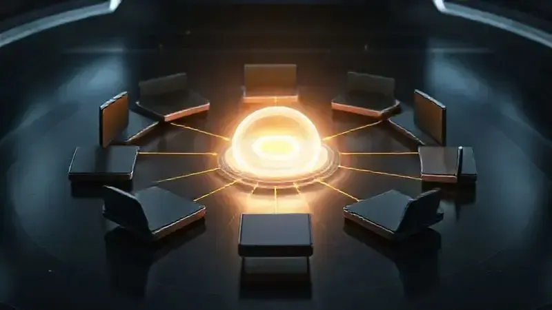 Ilustração 3D conceitual de diferentes modelos de smartphones genéricos conectados a uma fonte de energia central, simbolizando a compatibilidade de bateria.