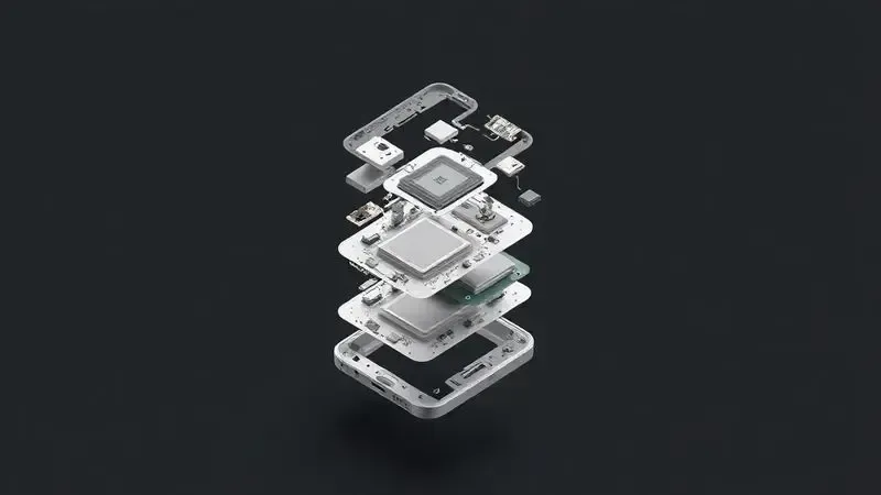 Render 3D artístico mostrando os componentes internos de um celular em uma visão explodida, ilustrando a tecnologia do aparelho.