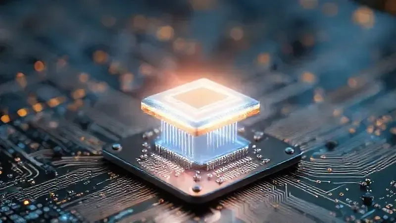 Ilustração 3D do processador de um smartphone, mostrando os componentes internos e o poder de processamento do aparelho.