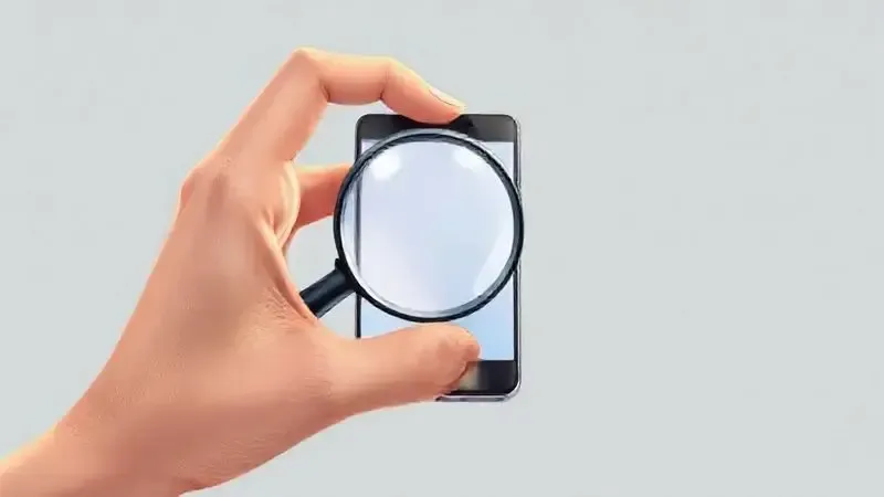 Ilustração de uma mão com uma lupa inspecionando um smartphone, representando a análise para comprar um iPhone 8 usado com segurança.