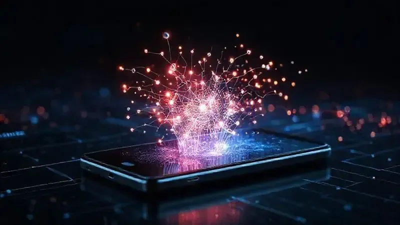 Ilustração do conceito de Apple Intelligence, mostrando redes neurais e inteligência artificial processando dados em um smartphone.