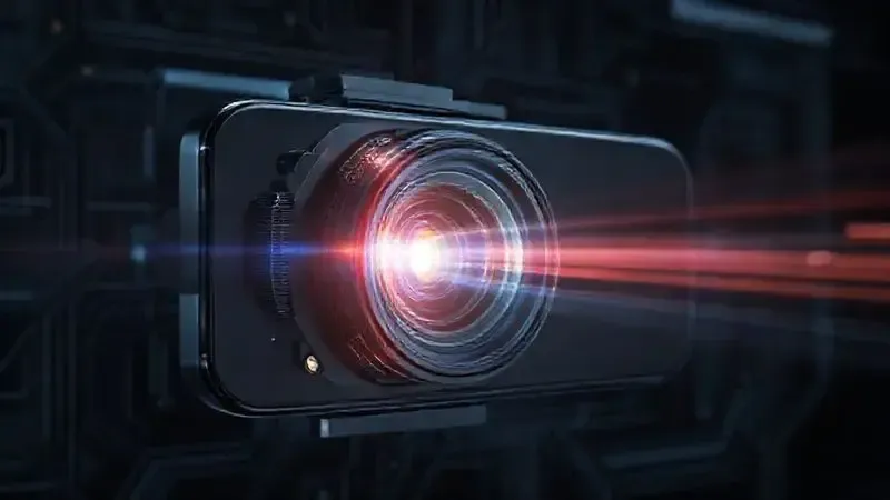 Ilustração conceitual do avançado sistema de câmera e processamento de vídeo de um smartphone moderno.