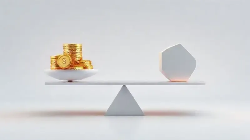 Representação conceitual de uma balança equilibrada com moedas e um objeto de valor, simbolizando a análise de custo-benefício e preço.