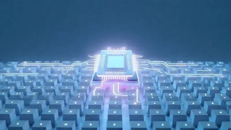 Ilustração 3D conceitual de um processador de smartphone e fluxos de dados, representando alto desempenho e grande capacidade de armazenamento.