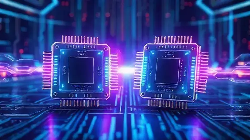 Ilustração digital de chips de processamento competindo, representando a diferença de desempenho entre o A14 e o A15 Bionic.