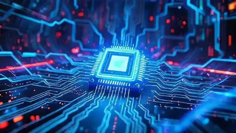 Render 3D de um microchip poderoso em um ambiente de jogo futurista, representando o desempenho do smartphone em games.