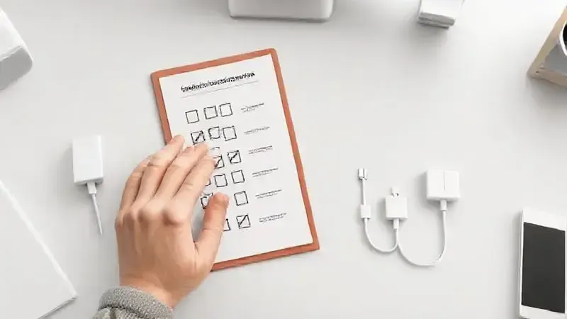 Ilustração de uma pessoa analisando uma lista de verificação ao lado de vários carregadores, representando as dicas para a escolha certa.