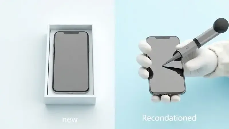 Ilustração comparativa mostrando a diferença entre um iPhone novo na caixa e um iPhone recondicionado sendo inspecionado.
