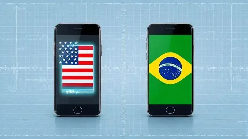 Ilustração conceitual das diferenças de hardware entre o iPhone americano e o brasileiro, com dois smartphones mostrando componentes internos distintos.