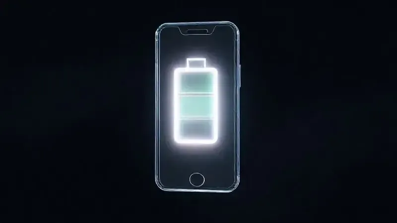 Ilustração 3D da bateria de um celular brilhando intensamente dentro do contorno de um aparelho, representando a duração e a vida útil da bateria.