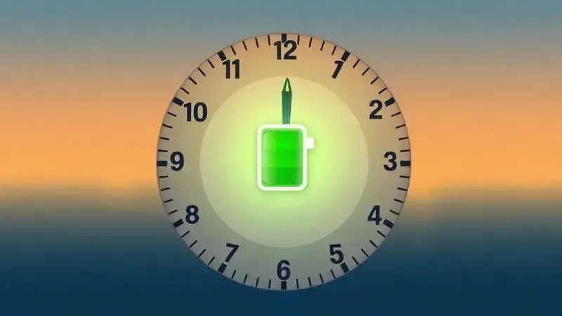 Ilustração de um relógio marcando um dia inteiro com um ícone de bateria cheia no centro, simbolizando a longa duração da bateria do iPhone.