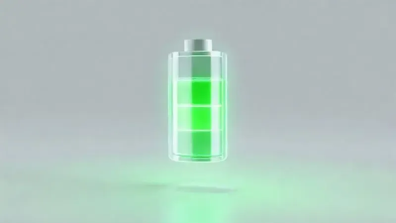 Ilustração 3D representando a longa vida útil e a boa duração da bateria do iPhone XS, com um ícone de bateria verde e brilhante.
