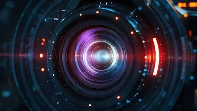 Ilustração 3D de uma lente de câmera futurista, simbolizando a qualidade profissional de foto e vídeo do smartphone.
