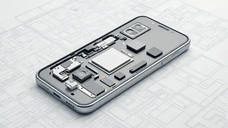 Ilustração conceitual da ficha técnica de um smartphone, mostrando componentes internos como processador e câmera em um layout organizado.