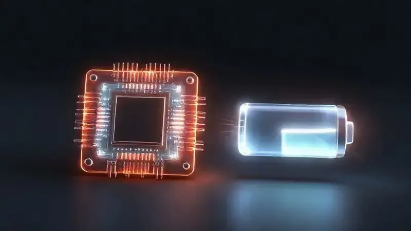 Ilustração 3D representando o hardware e a bateria de um celular, com um processador brilhante e um ícone de bateria energizado.