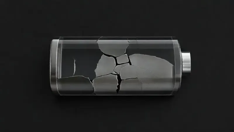 Renderização 3D conceitual de uma bateria de smartphone rachada e com pouca carga, simbolizando os problemas de bateria do iPhone 6.