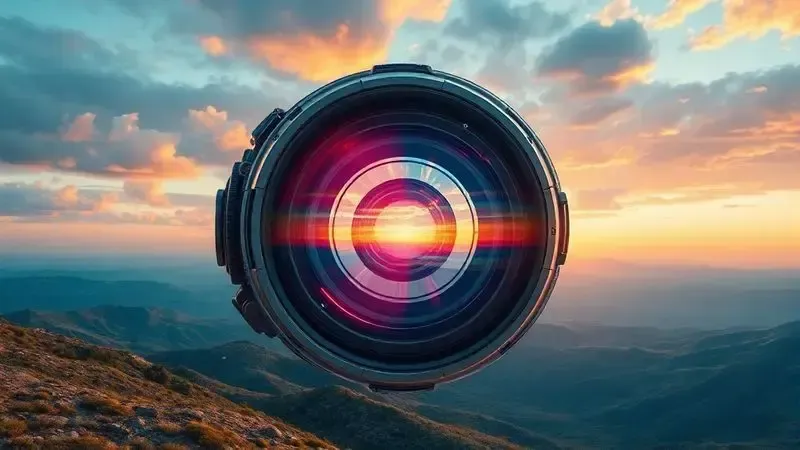 Ilustração conceitual de um sistema de câmera tripla capturando uma paisagem com alto alcance dinâmico.