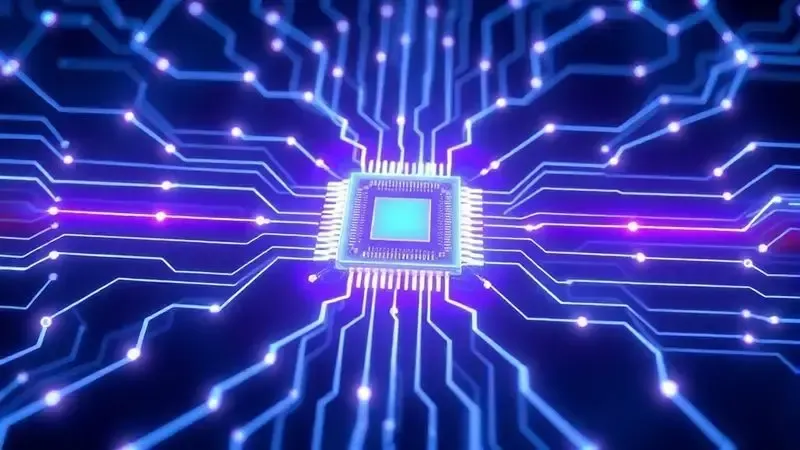Ilustração conceitual do processador A18 com Apple Intelligence, mostrando um chip cercado por uma rede neural brilhante, simbolizando a IA.