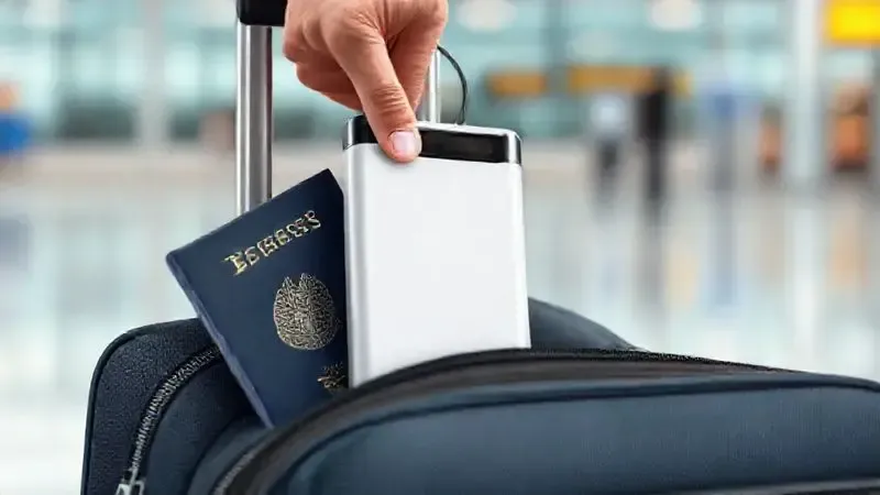 Ilustração de um power bank sendo colocado na bagagem de mão em um aeroporto, indicando as regras para levar o dispositivo em um avião.