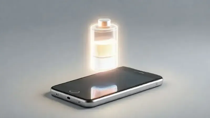 Conceito de longa duração de bateria para o iPhone 16, com uma ilustração de um ícone de energia brilhante sobre um smartphone.